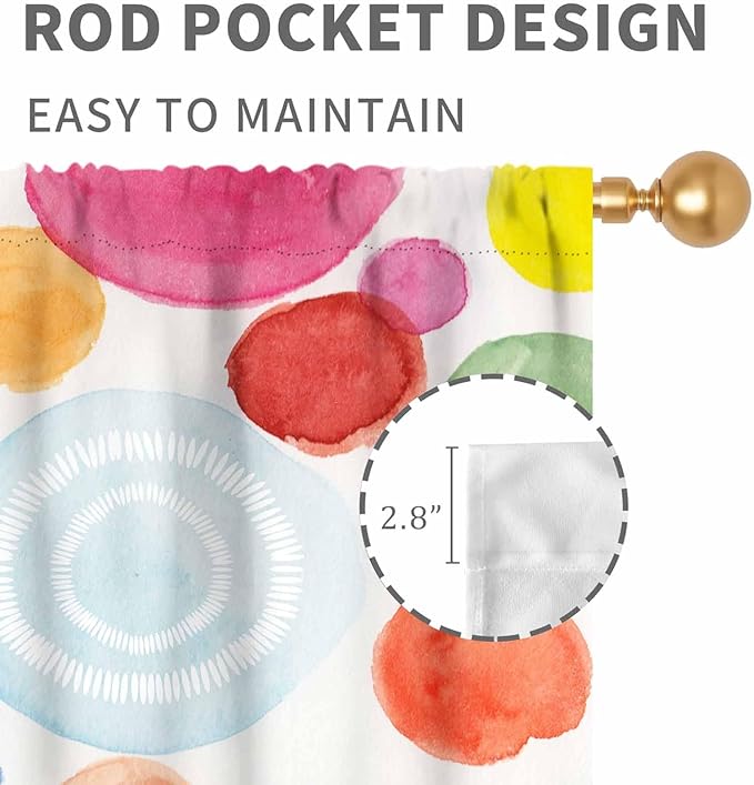 Colorful Curtains for Girls Bedroom, Watercolor Rainbow Cartoon Abstract Circle Polka Dots Splashes Cute Window Drapery for Kids Boys Girls Classroom Living Room Nursery 2 Panels, 84"x84" Inch