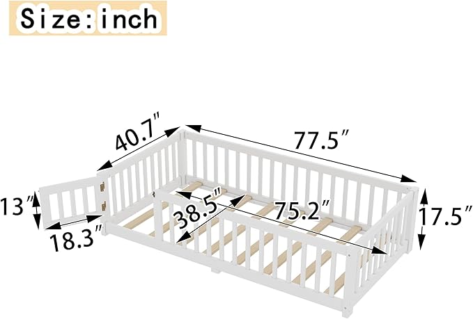 Bellemave Twin Size Floor Bed Frame with Fence and Door for Kids, Montessori Floor Bed with Slats and Safety Guardrails,Solid Wood Twin Bed Frame for Girls Boys,White