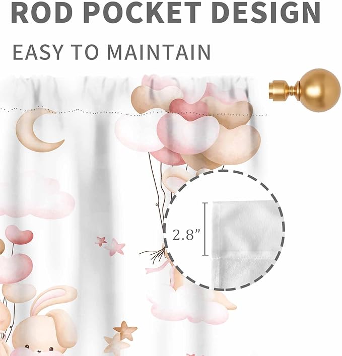 Rabbits Curtains, Kids Boys Girls Cartoon Cute Lovely Animals Moon Cloud Ballon Pastel Pink Window Drapery Treatments for Baby Living Room Bedroom Nursey Toddler 2 Panels, 84"x84" Inch