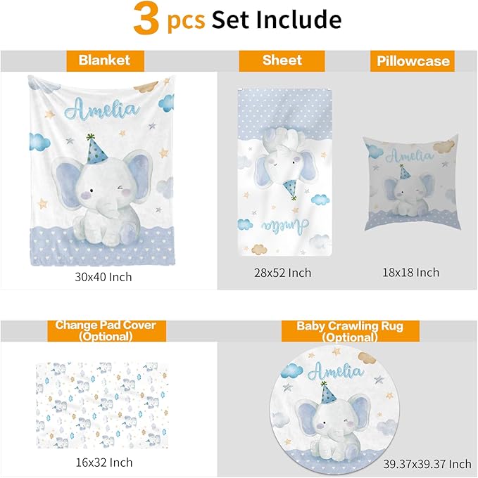 Custom Crib Bedding Set - Elephant Design Personalized Name Baby Nursery Bedding 3 Pcs Set - Chic Soft Blanket, Sheet, Pillowcase for Newborns Boys Girls Gifts Color06