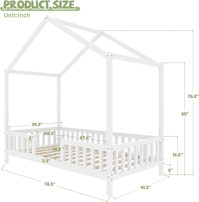 Bellemave Twin House BedFrame with Canopy, Montessori Floor Bed, House Bed with Rails for Kids, White