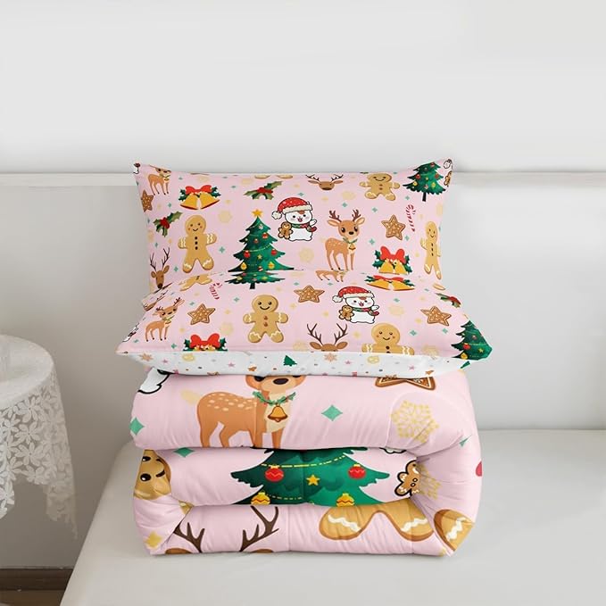 Feelyou Merry Christmas Bedding Set Soft for Boys Girls, Gingerbread Man Comforter Set Queen Size Cute Deer Duvet Quilt Microfiber Christmas Tree 3 Pcs with 2 Pillow Cases