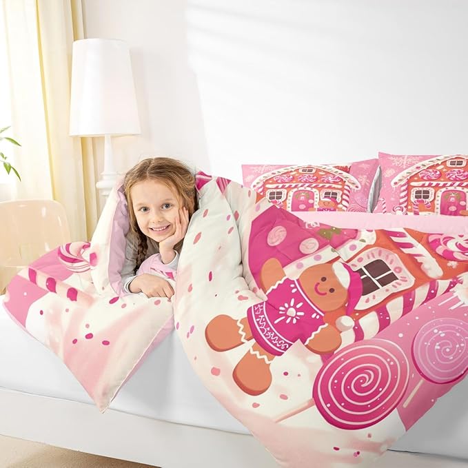 jejeloiu Kids Christmas Theme Comforter Set Full Size Xmas Gingerbread Man Candy Cane House Bedding Set for Boys Girls Teens Hot Pink Winter Happy New Year Duvet Quilt Room Decor