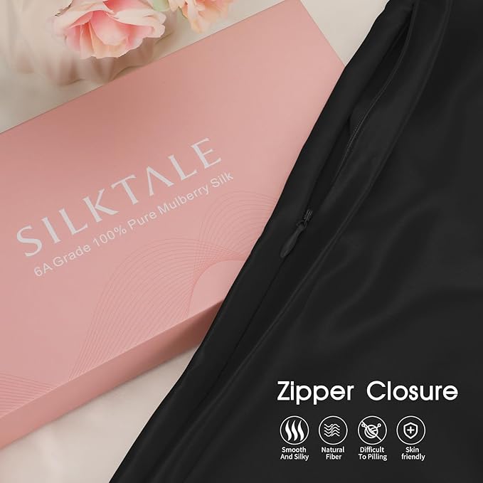 100% Mulberry Silk Pillowcase with Hidden Zipper,Both Sides Pure Silk Breathable Pillow Case for Hair and Skin,19 Momme Grade 6A,1pc,Black,Queen Size 20x30 Inches