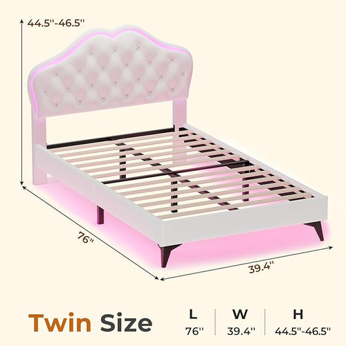 ADORNEVE Twin Bed Frame with RGB LED Lights, Princess Bed Frame with Adjustable Crystal Button Headboard, Velvet Upholstered Platform Bed for Girls, Solid Wooden Slats, Easy Assembly, Creamy White
