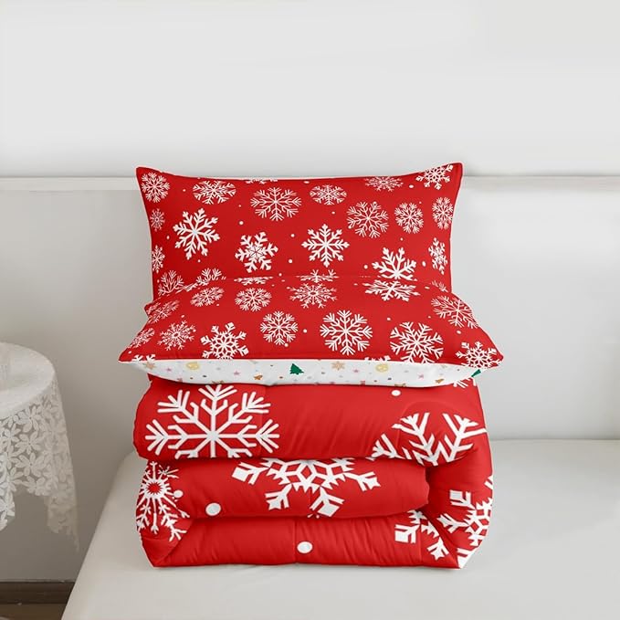 Feelyou Christmas Comforter Set All Season Winter Snowflake Bedding Set with 1 Pillow Cases Xmas Festival Microfiber Kids Twin Bedclothes Snowflake Red Bedroom Decor Duvet Quilt Breathable Soft