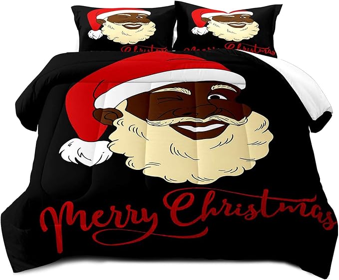 LUVIVIHOME 3PCS Christmas Comforter Set Queen Size, Funny African American Black Santa Claus Bedding, Winter Xmas Merry Christmas Bedroom Decor for Kids Boys Girls Teens, Xmas Gifts, 2 Pillow Shams