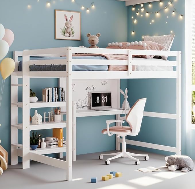 Bellemave Full Loft Bed with Desk and Writing Board,Loft Bed for Kids, Boys, Girls,Wooden Loft Be Frame with Desk and Ladder, White