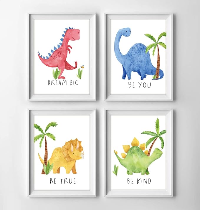 Gubrandin Watercolor Dinosaur Art Print Inspirational Quote Wall Art Nursery Bedroom Decoration Funny Animals Plants Poster for Boys or Girls Bedroom (8x10 inch，Set of 4，Unframed)