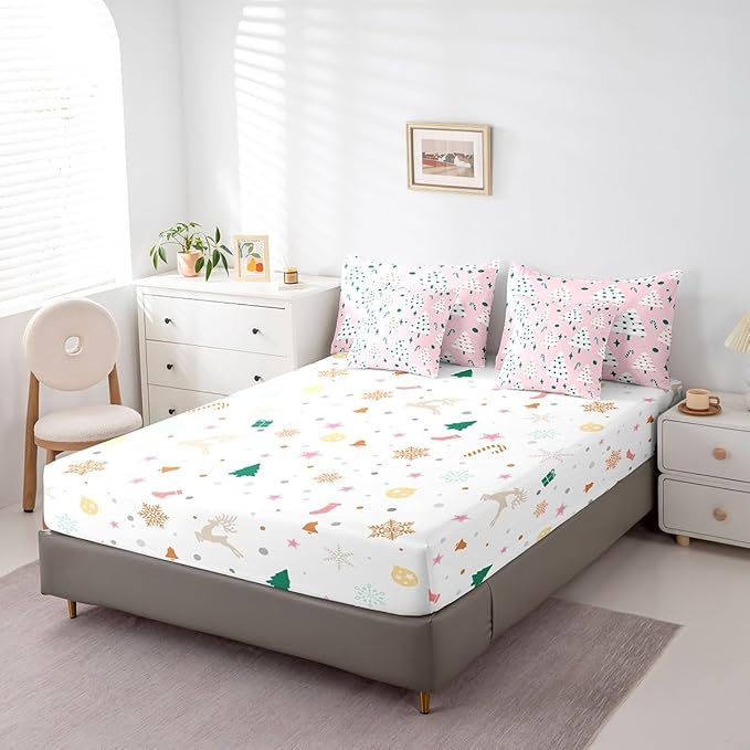 Feelyou Christmas Girly Comforter Set with Sheets Kids Christmas Tree Bedding Set Boys Girls Snowflake Candy Decor Bed in a Bag Xmas Theme Pink Bed Set Bedroom King Size