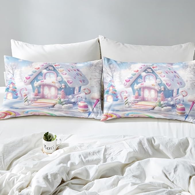 Manfei Christmas Kids Duvet Cover Set Queen Size, Cute Candy Cabin Xmas Bedding Set for Boys Girls Room Decor, New Year Winter Comforter Cover, Soft Polyester Quilt Cover, 2 Pillowcases, No Comforter