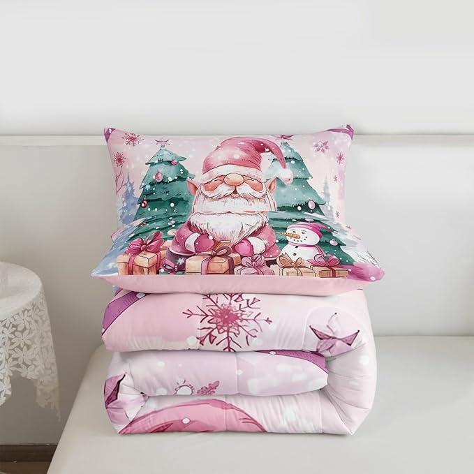Feelyou Pink Christmas Comforter Set All Season Santa Claus Bedding Set with 2 Pillow Cases Cute Snowflake Kids King Bedclothes Merry Christmas Tree and Snowman Decor Duvet Quilt Soft