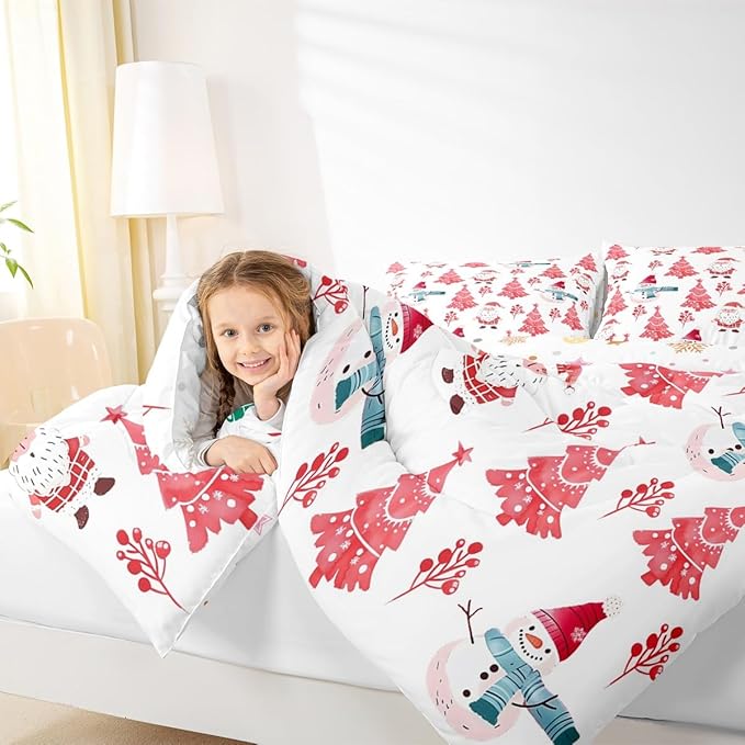 Feelyou Merry Christmas Comforter Set All Season Xmas Tree Snowman Bedding Set with 2 Pillow Cases Santa Claus Microfiber Kids King Bedclothes Bedroom Decor Duvet Quilt Breathable Soft