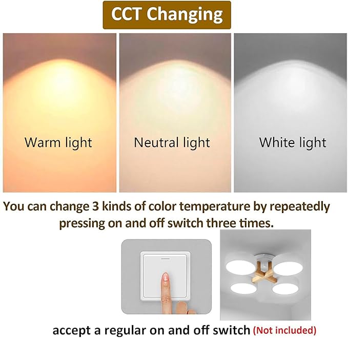 LED Flush Mount Ceiling Light Fixture with 3000K/4000K/6000K Temperatures Selectable,24Inch 44W Chandelier Modern Wood Ceiling Lamp for Bedroom Kitchen, 4-Lights Indoor Lighting White Pendant Light