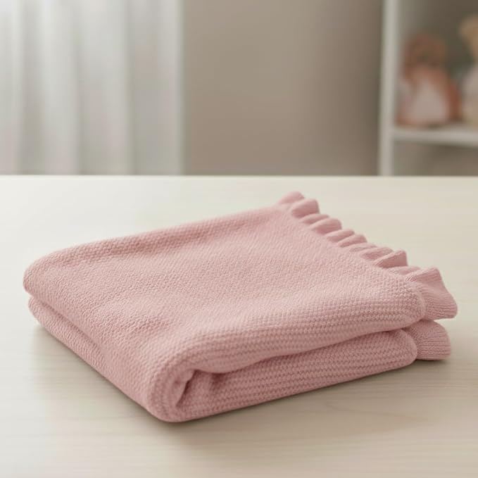Cotton Baby Blanket with Ruffle Edge Soft Breathable Newborn Blanket for Boys & Girls, Lightweight Knit Throw for Crib, Stroller & Nursery Multiple Colors Available Pink 30x30