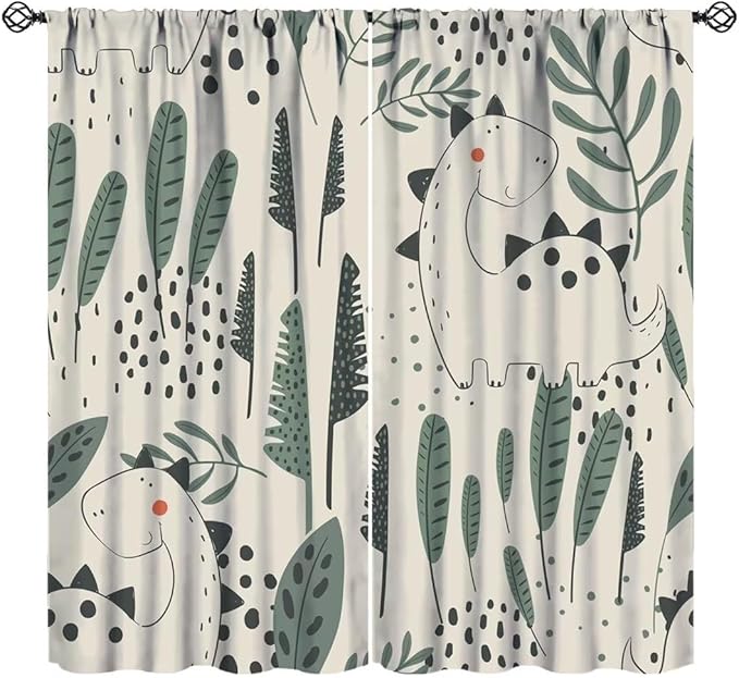 Funny Dinosaur Curtains, Jungle Cute Cartoon Animals Tropical Leaves Plant Beige Green Print Blackout Window Treatments for Kids Boys Girls Bedroom Living Room 84x84in