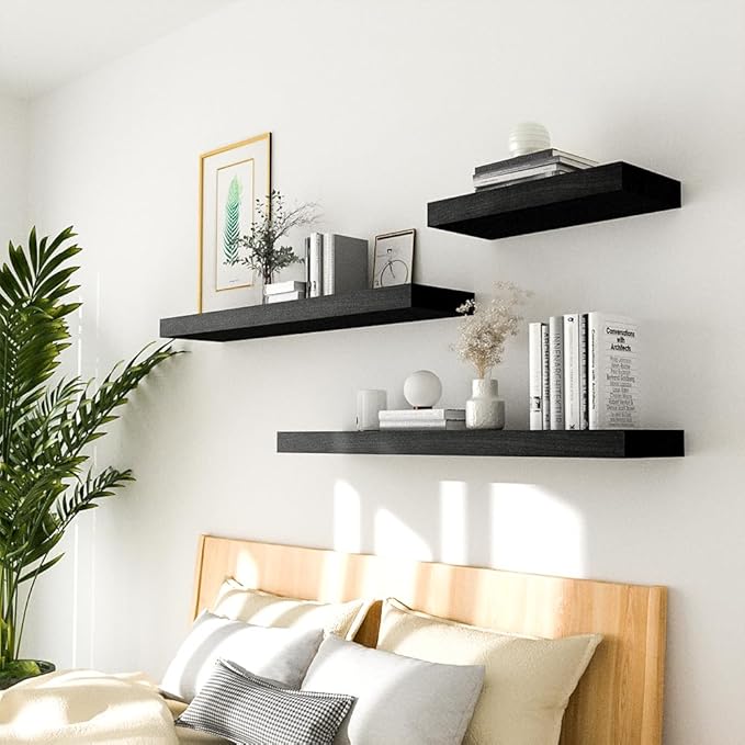 Habudda Floating Shelves, 35.5 Inches Wall Shelf for Rustic Home Decor, Bathroom, Bedroom, Kitchen, Natural Solid Wood, Invisible Bracket, 2 Pack