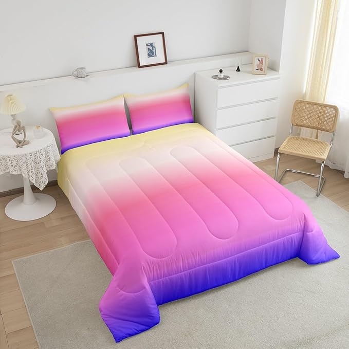 Ombre Comforter Set Full - Pink Purple Rainbow Bedding for Boys Girls, Colorful Gradient Duvet Set, Decorative 3Pcs