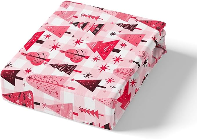 Manfei Cartoon Tree Duvet Cover Set King Size, Christmas Theme Bedding Set 3pcs for Kids Girls Adults, New Year Pink Plaid Comforter Cover Soft Polyester Quilt Cover with 2 Pillowcases,No Comforter