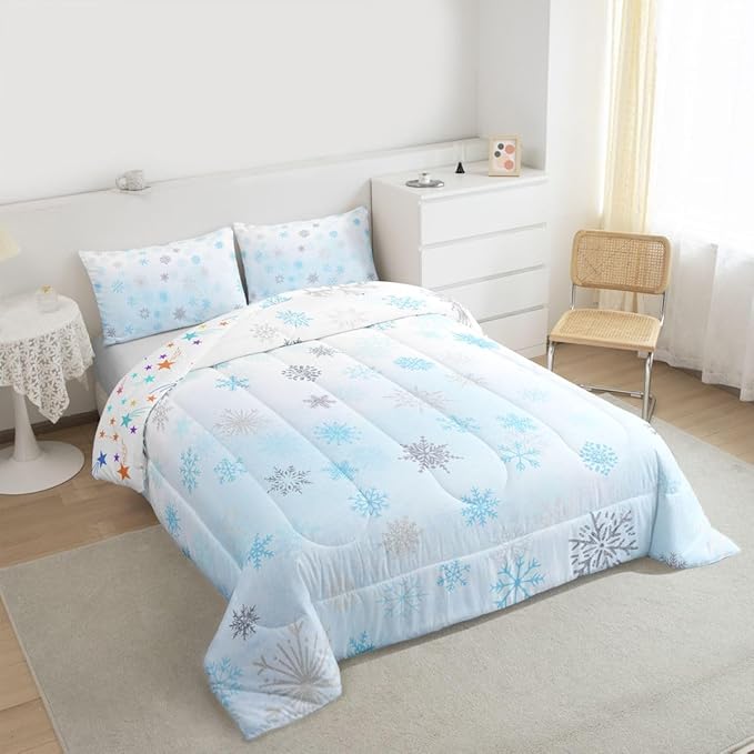 Feelyou Glitter Snowflake Comforter Set Twin Size, Blue Snowflake Comforter Kids Toddler Ombre Bedding Set Winter Theme Duvet Set Microfiber Bed Set