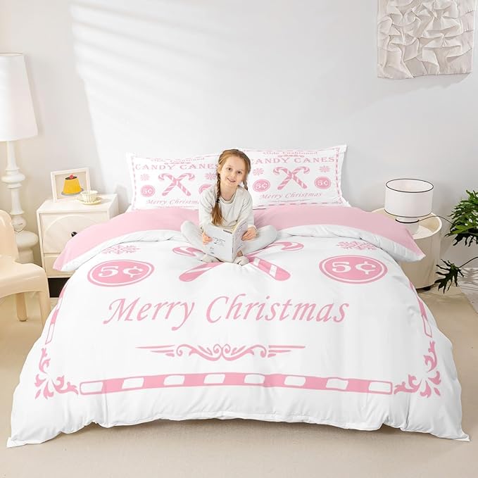 jejeloiu Christmas Bedding Set Full Size Kids Christmas Quote Comforter Cover Set for Boys Girls Teens Candy Canes Print Duvet Cover Xmas Bedspread Cover Room Decorations Pink Quilt Cover
