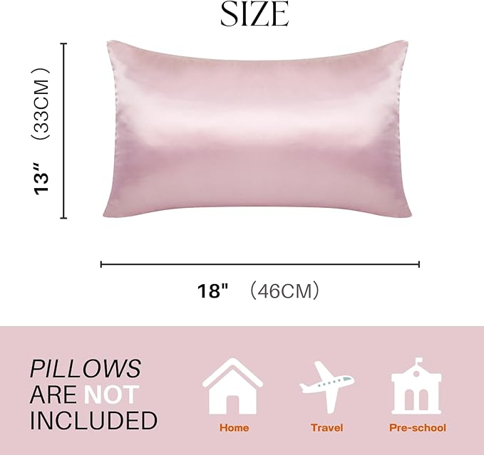 Silky Satin Toddler Pillowcases Set of 2, Super Soft Travel Pillow Covers, Small Kids Pillow Cases with Envelope Closure, 13"x 18", Pink