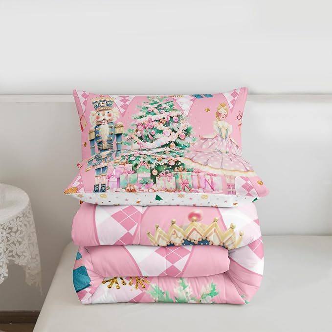jejeloiu Christmas Nutcracker Comforter Set Full Size Gingerbread Man Bedding Set for Kids Boys Girls Xmas Tree Duvet Quilt Pink Bedroom Decor