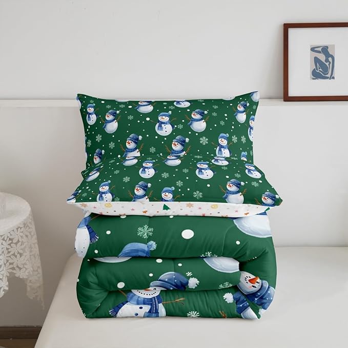 jejeloiu Kids Cute Winter Snowman Comforter Set King Size Green Christmas Theme Bedding Set for Boys Girls Teens Xmas Snowflake Happy New Year Duvet Quilt Room Decor