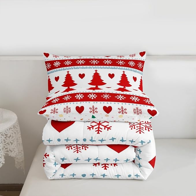 Feelyou Christmas Comforter Set Queen Size Xmas Tree Bedding Set for Kids Boys Girls Snowflake Heart Duvet Quilt Geometric Bedroom Decor Microfiber 3 Pcs with 2 Pillow Cases