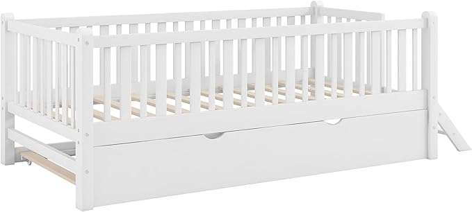 Twin Size Platform Bed with Guardrail and Trundle, Wood Kids Platform Bed Frame with Two-Step Ladder for Boys Girls, Sturdy Slats Support (White-1.26T)