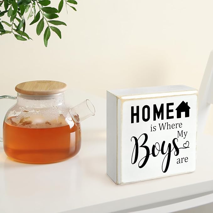 Inspirational Home is Where My Boys are Sign, Home Shelf Cubicle Table Desk Decor, Living Room Bedroom Family Decor Boy Mom Momma Gifts for Women 4" x 4"x 1.8"