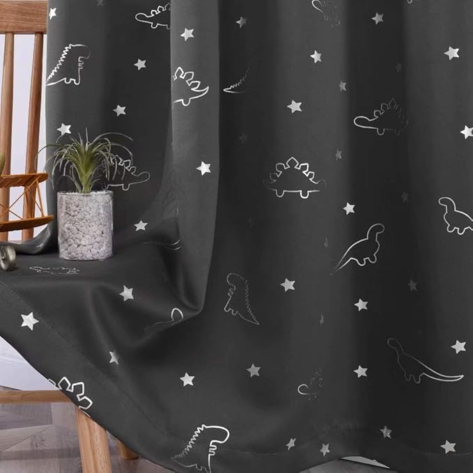 LORDTEX Dinosaur and Star Foil Print Blackout Curtains for Kids Room - Thermal Insulated Curtains Noise Reducing Window Drapes for Boys and Girls Bedroom, 52 x 95 Inch, Grey, Set of 2 Panels