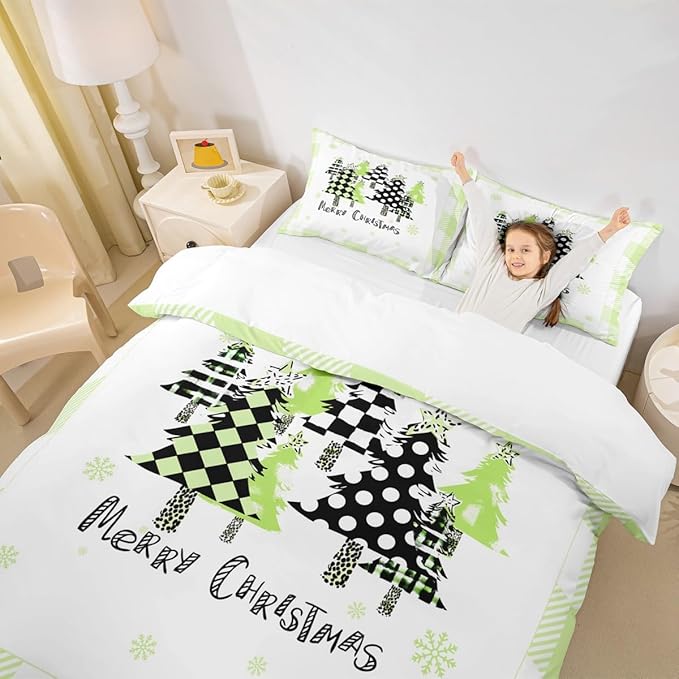 Manfei Xmas Trees Duvet Cover Set King Size, Green Plaid Grid Snowflake Bedding Set for Kids Girls Bedroom Decor, Christmas Theme Comforter Cover New Year Quilt Cover with 2 Pillowcases, No Comforter