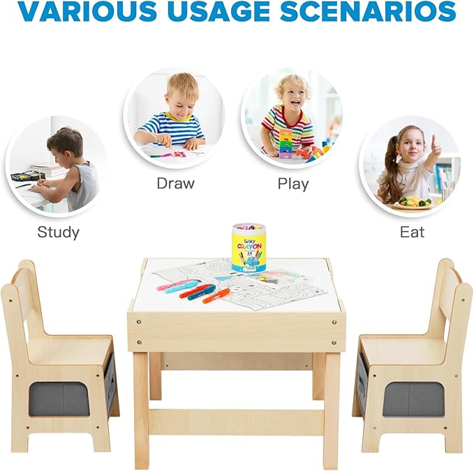 3 in1 Kids Table and Chairs Ages 3-7, Montessori Toddler Table and Chair Set with Versatile Tabletop and Storage Drawer, Kids Activity Desk for Home, Nursery and Playroom