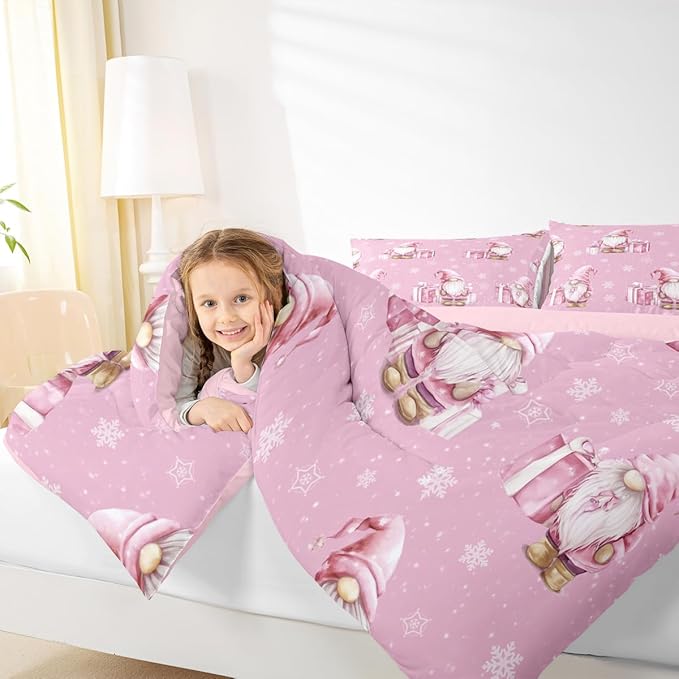 Feelyou Pink Christmas Bedding Set Soft for Boys Girls, Scandinavian Christmas Santa Gnomes Comforter Set Queen Size Xmas Snowflake Duvet Quilt Bedroom Decor 3 Pcs with 2 Pillow Cases
