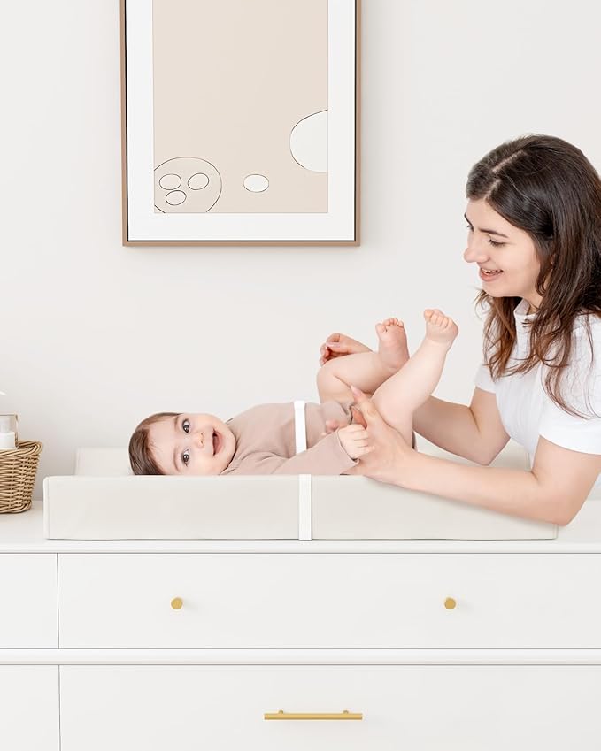 YACODAVO Wipeable Baby Changing Pad for Dresser and Table, Cozy Diaper Changing Pad with Waterproof & Wipe-Clean Leather Cover, Off-White
