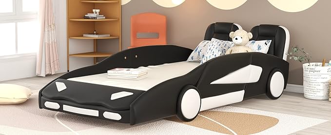Harper & Bright Designs Twin Size Race Car-Shaped Platform Bed with Wheels, Black
