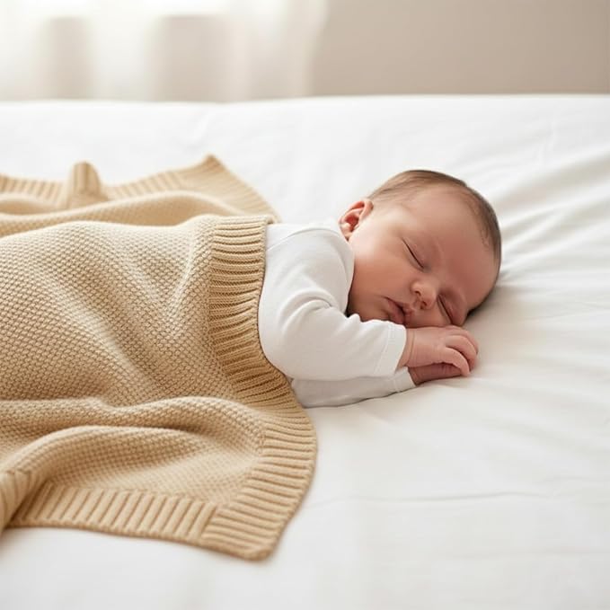 Baby Knit Blanket Soft Cotton Lightweight Newborn Blanket for Crib Stroller Toddler Nursery Shower Gift Cozy Breathable Travel Swaddle Wrap Beige 30 x 40 Inches