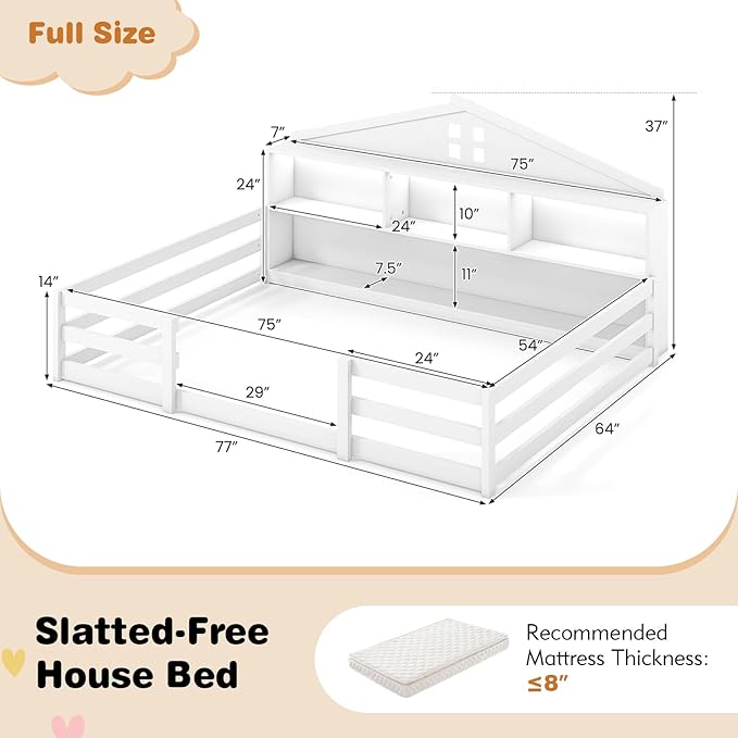 KOMFOTT Full Floor Bed with Bookcase & LED Light, Wood Bed Frame with Bedside Bookshelves & Guardrails, Versatile 2-in-1 Montessori Floor Bed for Kids
