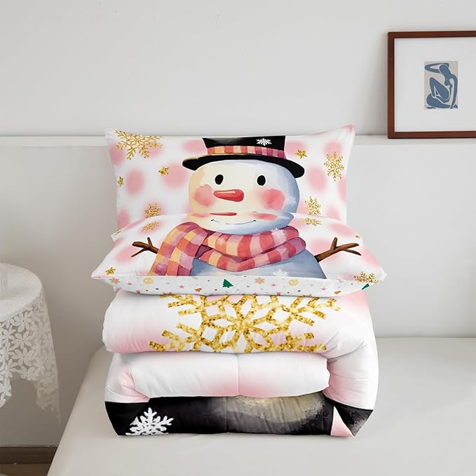 Feelyou Kids Merry Christmas Decorations Full Size Comforter Set Xmas Snowman Bedding Set Pink Quilt Set Soft Warm Lightweight Duvet Set