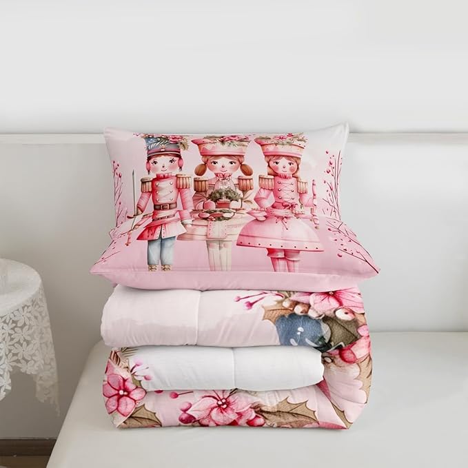 Feelyou Christmas Decor Nutcrackers Bedding Set Soft for Boys Girls, Pink Christmas Comforter Set Toddler Size Pink Nutcrackers Duvet Quilt Berries Printed Room Decor Kawaii 2 Pcs with 1 Pillow Cases