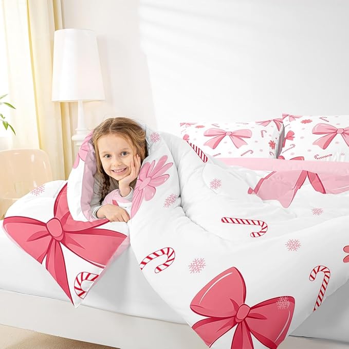 Feelyou Pink Bowknot Comforter Set All Season Christmas Candy Cane Snowflake Bedding Set with 1 Pillow Cases Cute Bow Microfiber Kids Toddler Bedclothes Dreamy Princess Style Bedroom Decor Duvet Quilt