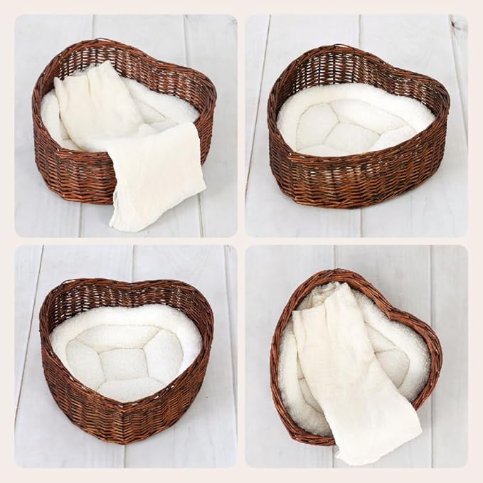 Kate Newborn Photography Props Brown Heart Shaped Rattan Basket Handcrafted Baby Basket Set for Baby Photography Photoshoot with White Pillow and Mat and Stretch Wrap