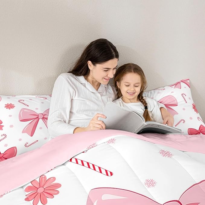 Feelyou Pink Bowknot Comforter Set All Season Christmas Candy Cane Snowflake Bedding Set with 2 Pillow Cases Cute Bow Microfiber Kids Queen Bedclothes Dreamy Princess Style Bedroom Decor Duvet Quilt