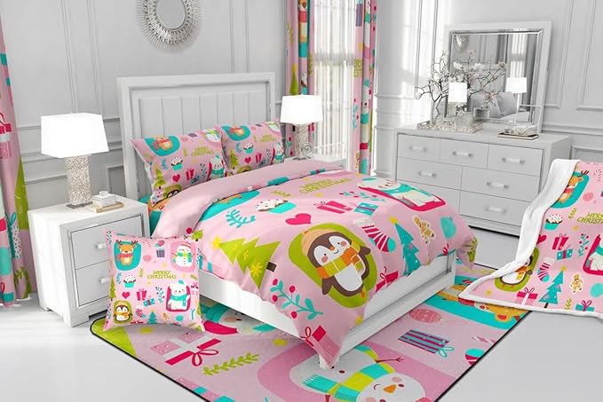Erosebridal Christmas Cartoon Bedding Set for Kids Cute Snowman Bear Comforter Set Toddler Size Xmas Tree Deer Elk Reversible Quilts Kawaii Penguin Animal Duvet Insert Room Decor
