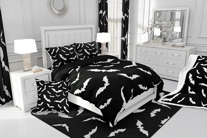 Erosebridal Bat Comforter Set Toddler Size for Kids Bedroom with 1 Pillow Case Happy Halloween Bedding Set Gothic Spooky Duvet Insert Cartoon Style Quilt, Black White