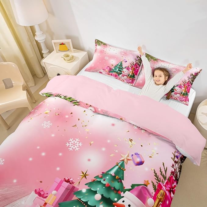 Christmas Bedding Set Kids Christmas Tree Snowman Xmas Theme Comforter Cover Set for Boys Girls Snowflake Duvet Cover Breathable Luxury Gift Boxes Bedspread Cover Room Decor Quilt Cover King Size