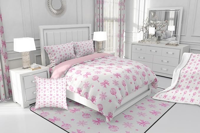 Feelyou Pink Christmas Bedding Set Soft for Boys Girls, Bow Candy Comforter Set Toddler Size Star Snowflake Duvet Quilt Microfiber Bedroom Decor 2 Pcs with 1 Pillow Cases