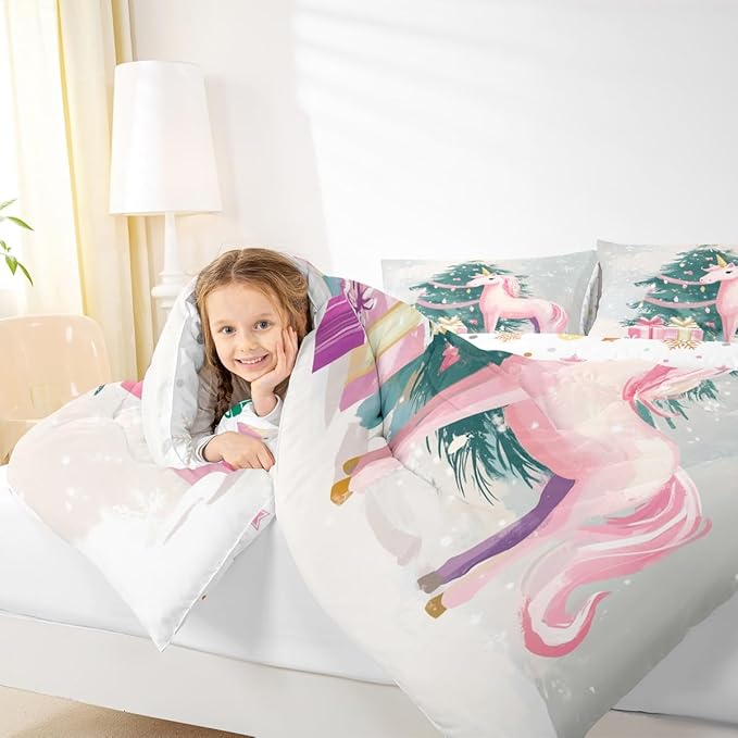 Feelyou Merry Christmas Comforter Set King Size Cute Unicorn Bedding Set for Kids Boys Girls Gift Duvet Quilt Christmas Tree Bedroom Decor Microfiber 3 Pcs with 2 Pillow Cases