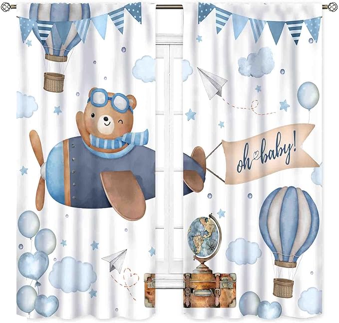 Cartoon Bear Curtains, Kids Boys Girls Cute Lovely Bear Adventure Airplane Cloud Pastel Blue Window Drapery Treatments for Baby Living Room Bedroom Nursey Toddler Classroom 2 Panels, 63"x72" Inch